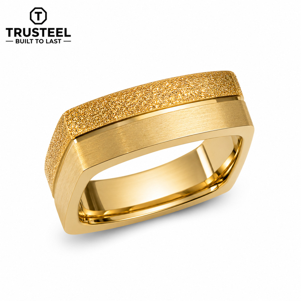 Gold Square Signet Ring 316L Stainless Steel Textured Finish Men’s size 9